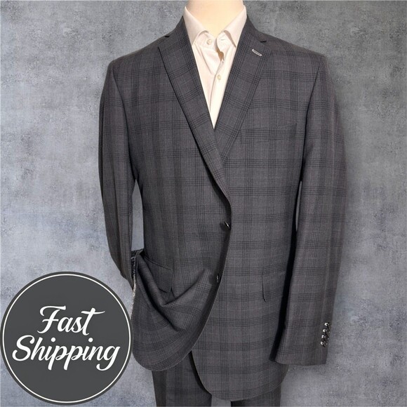 TOM JAMES 120*S Wool Men 2-Piece Suit – 46XL Blazer/40WX34 Pants Gray Windowpane - Picture 1 of 16